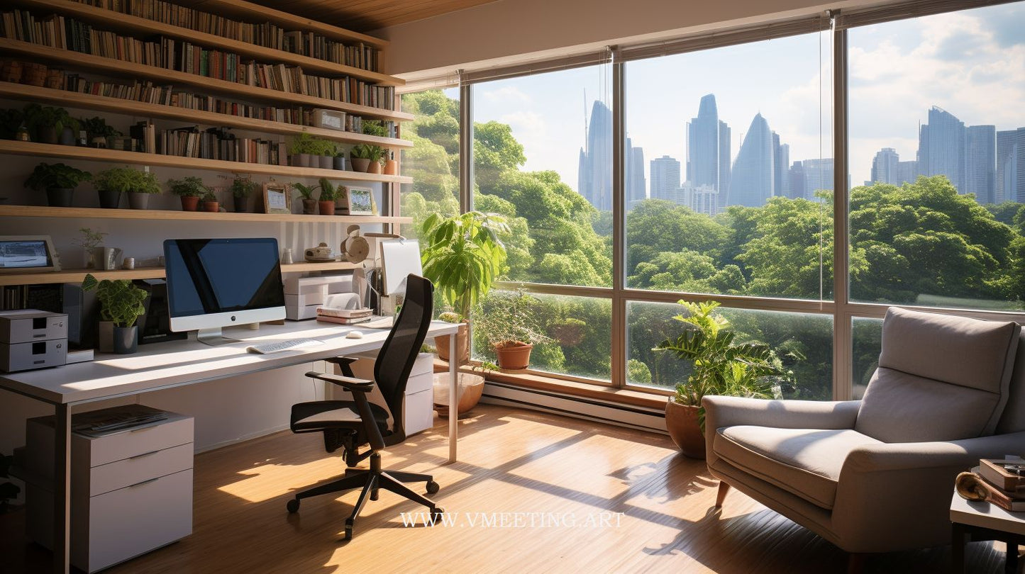 Urban Home Office - Serene Workspace Amidst Nature and City - Virtual Background Image for Zoom and Teams Meetings