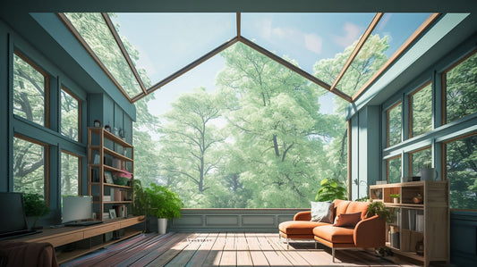 Summer Symphony: Cozy Forest Office with Triangular Glass Roof - Virtual Background Image for Zoom and Teams Meetings