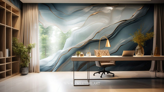 Home Office with Abstract Art & Organic Wood Interiors - Virtual Background Image for Zoom and Teams Meetings