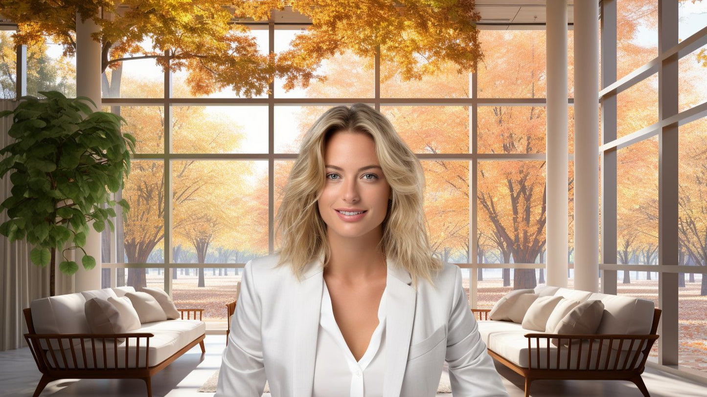 Autumn Gaze: Modern Minimalist Living Space with Fall Forest Views - Virtual Background Image for Zoom and Teams Meetings